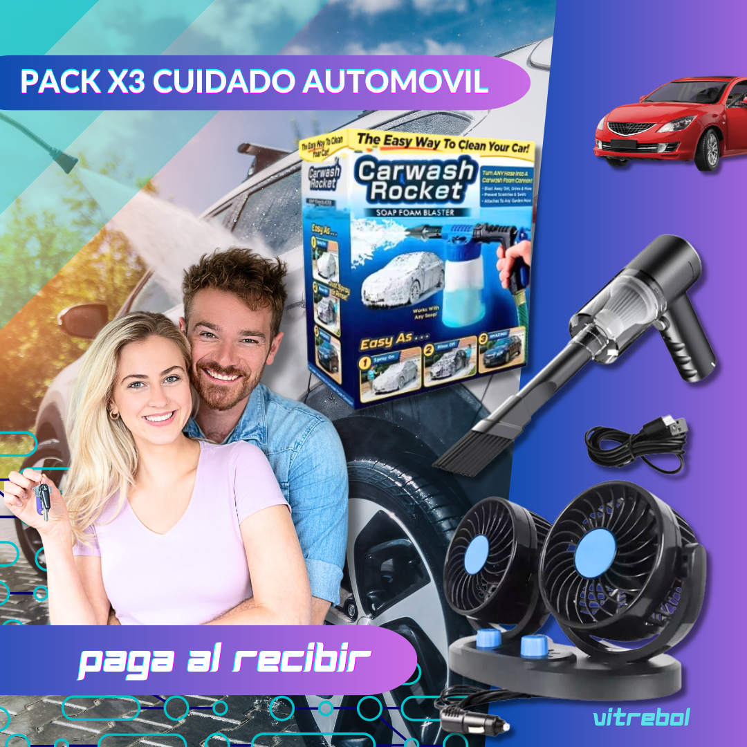 Pack de Cuidado para Auto x3 - Ventilador Doble - Miniaspiradora Portátil - Pulverizador de Espuma