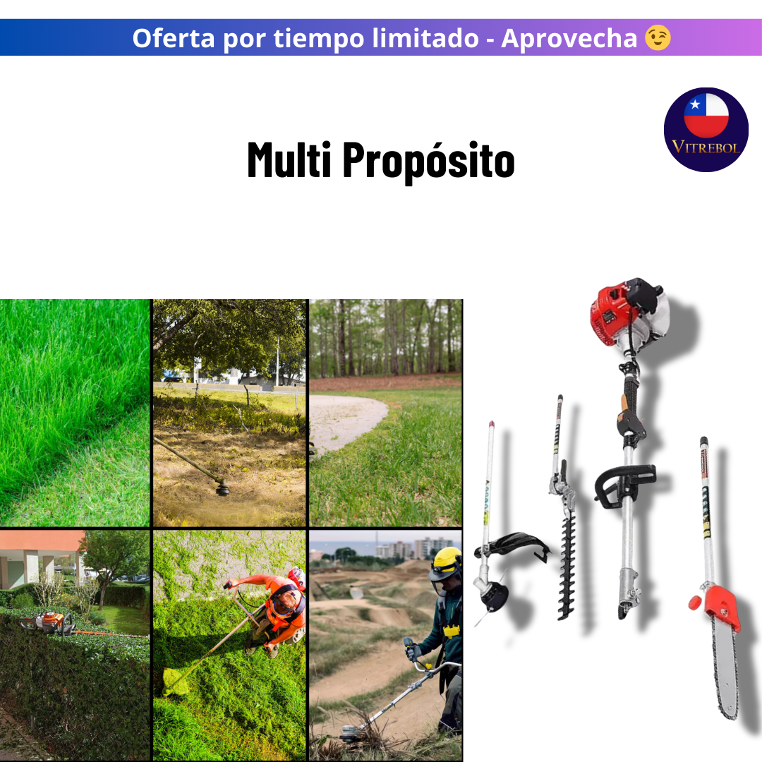 Motosierra, Cortasetos, Orilladora y Desbrozadora 4 en 1 con Motor de 52cc y 2.2Hp