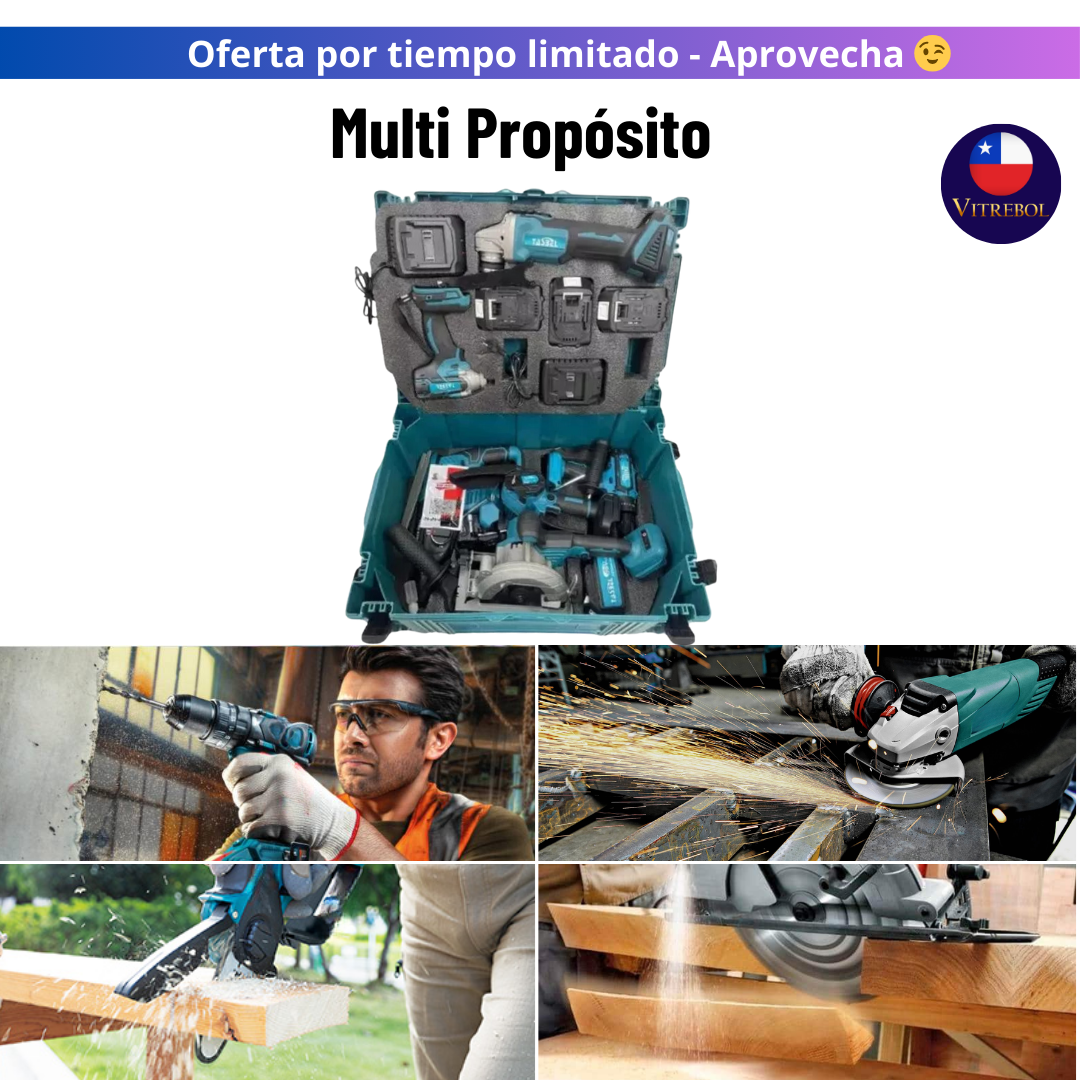 Kit de 6 Herramientas 98v - Taladro, llave de impacto, esmeril angular, rotomartillo, mini sierra y sierra circular