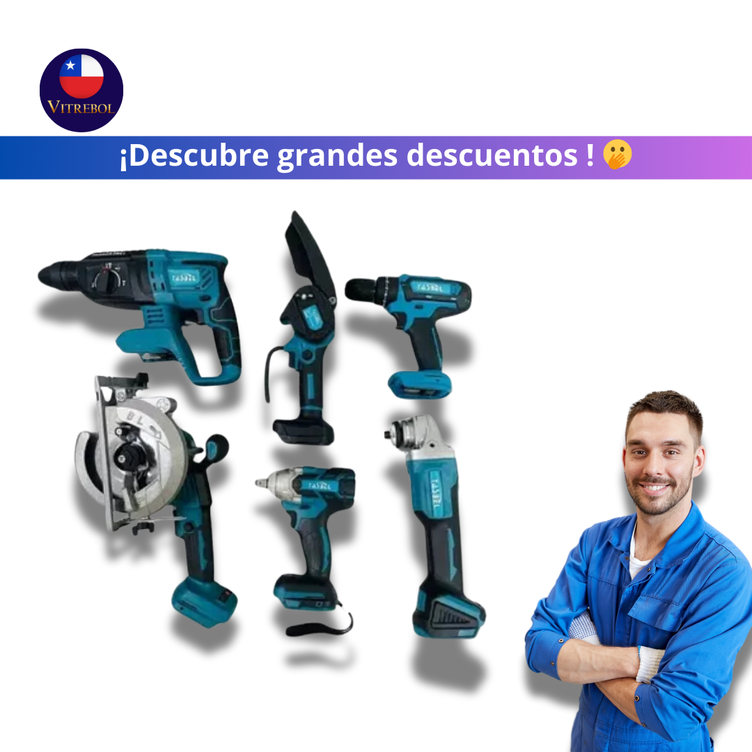 Kit de 6 Herramientas 98v - Taladro, llave de impacto, esmeril angular, rotomartillo, mini sierra y sierra circular