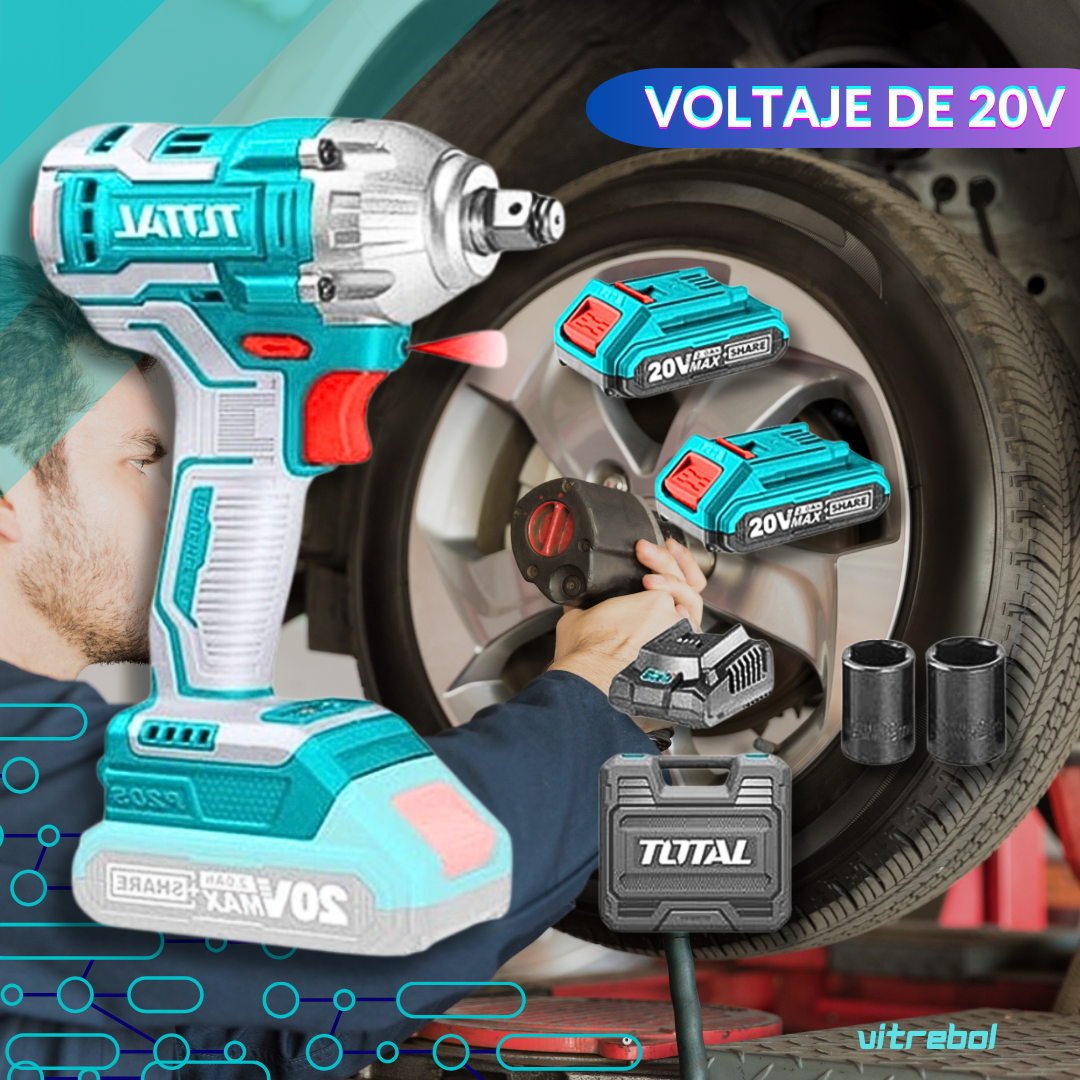 Llave de Impacto de 20V - Original marca Total 2 Baterías, viene en maleta plástica - Trae 2 dados (19, 21 mm)
