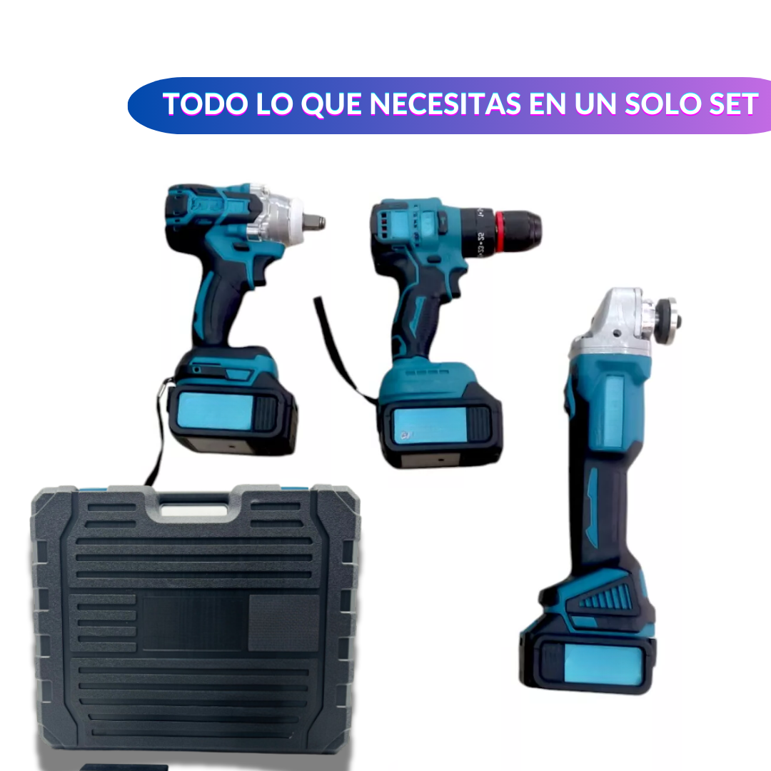 Poderoso Set de 3 herramientas Llave Impacto, Esmeril y Taladro de 128 Voltios