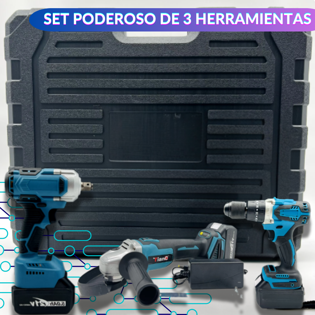 Poderoso Set de 3 herramientas Llave Impacto, Esmeril y Taladro de 128 Voltios
