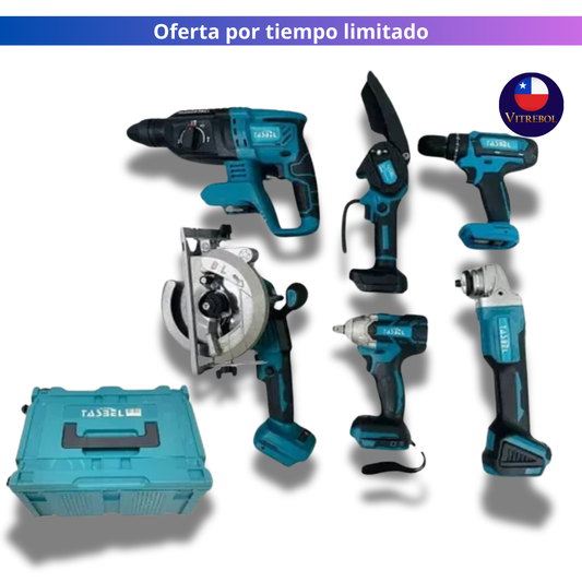 Kit de 6 Herramientas 98v - Taladro, llave de impacto, esmeril angular, rotomartillo, mini sierra y sierra circular