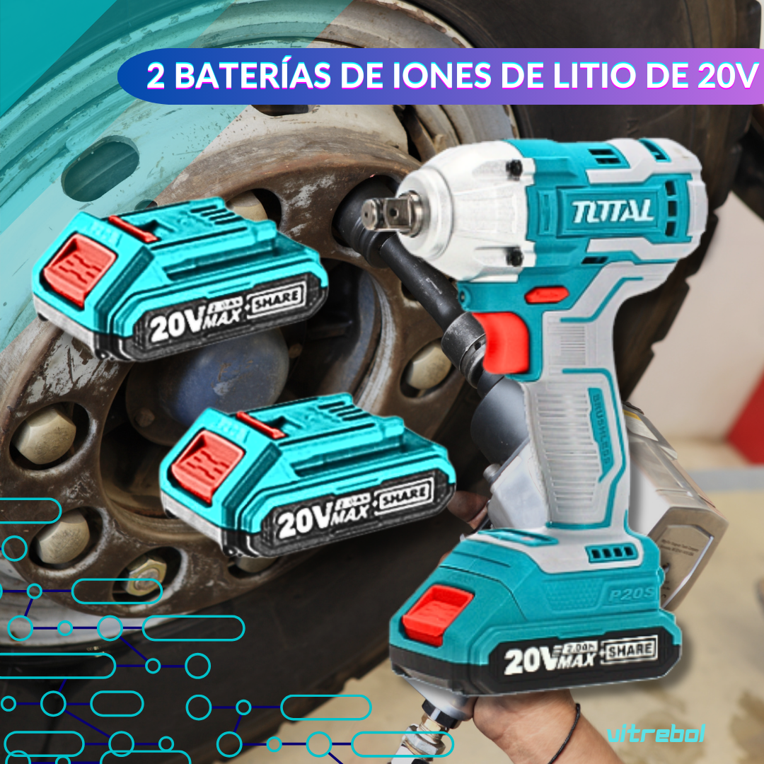 Llave de Impacto de 20V - Original marca Total 2 Baterías, viene en maleta plástica - Trae 2 dados (19, 21 mm)