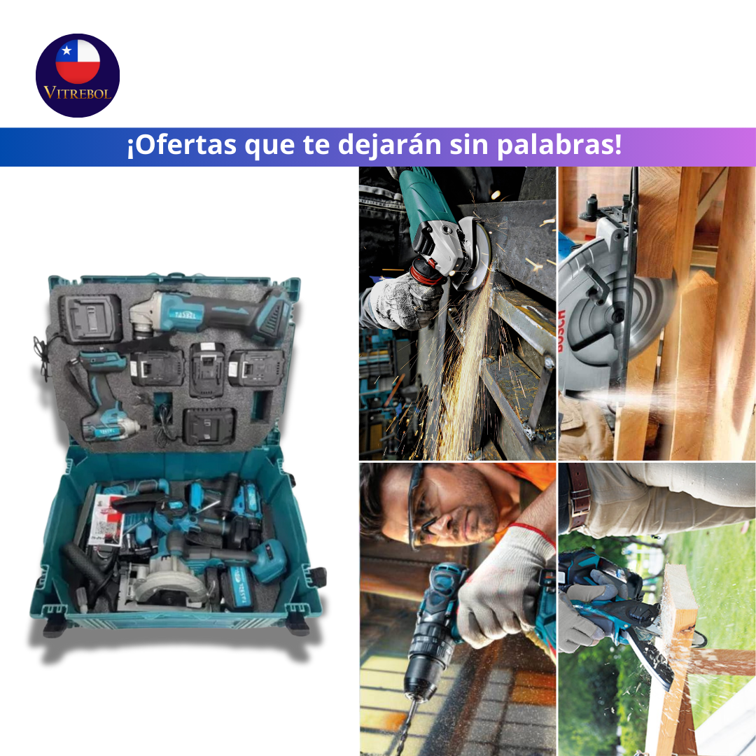 Kit de 6 Herramientas 98v - Taladro, llave de impacto, esmeril angular, rotomartillo, mini sierra y sierra circular